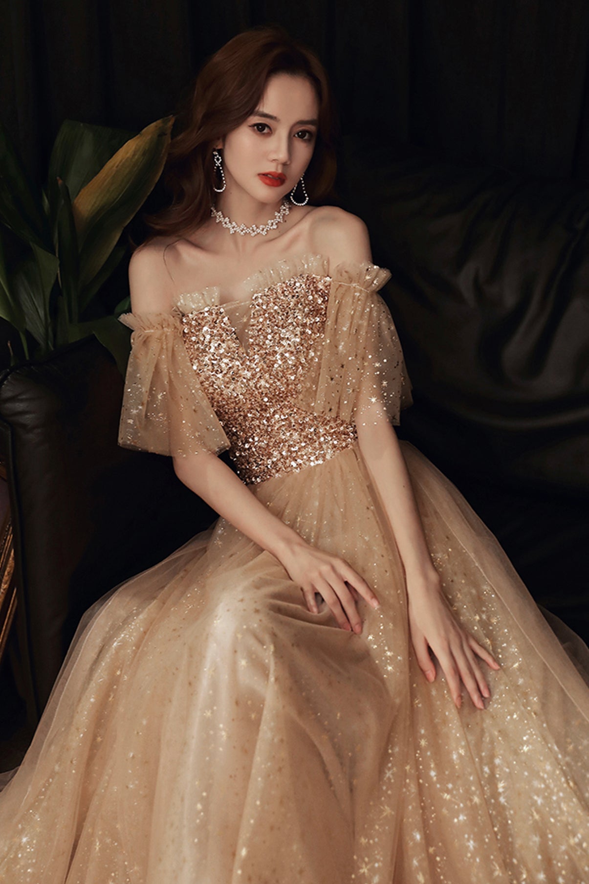Gold sequins long A line prom dress evening dress  8859