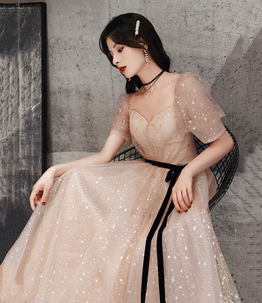 Champagne tulle long A line prom dress evening dress  8853
