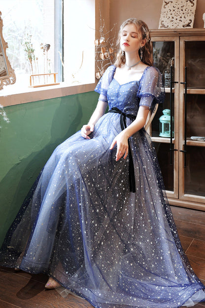 Blue tulle long A line prom dress blue evening dress  8658