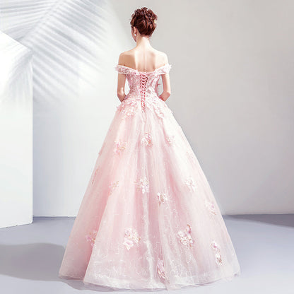 Pink tulle lace long prom gown formal dress  8259