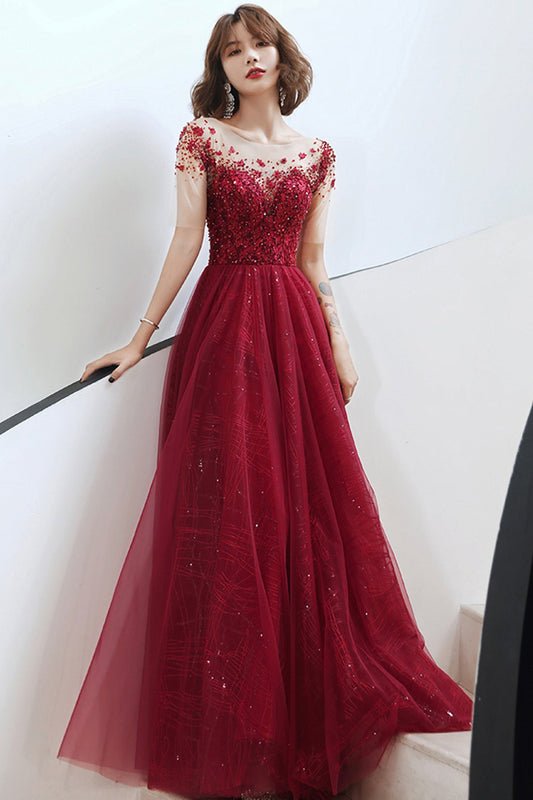 Burgundy tulle beads long A line prom dress evening dress  8756