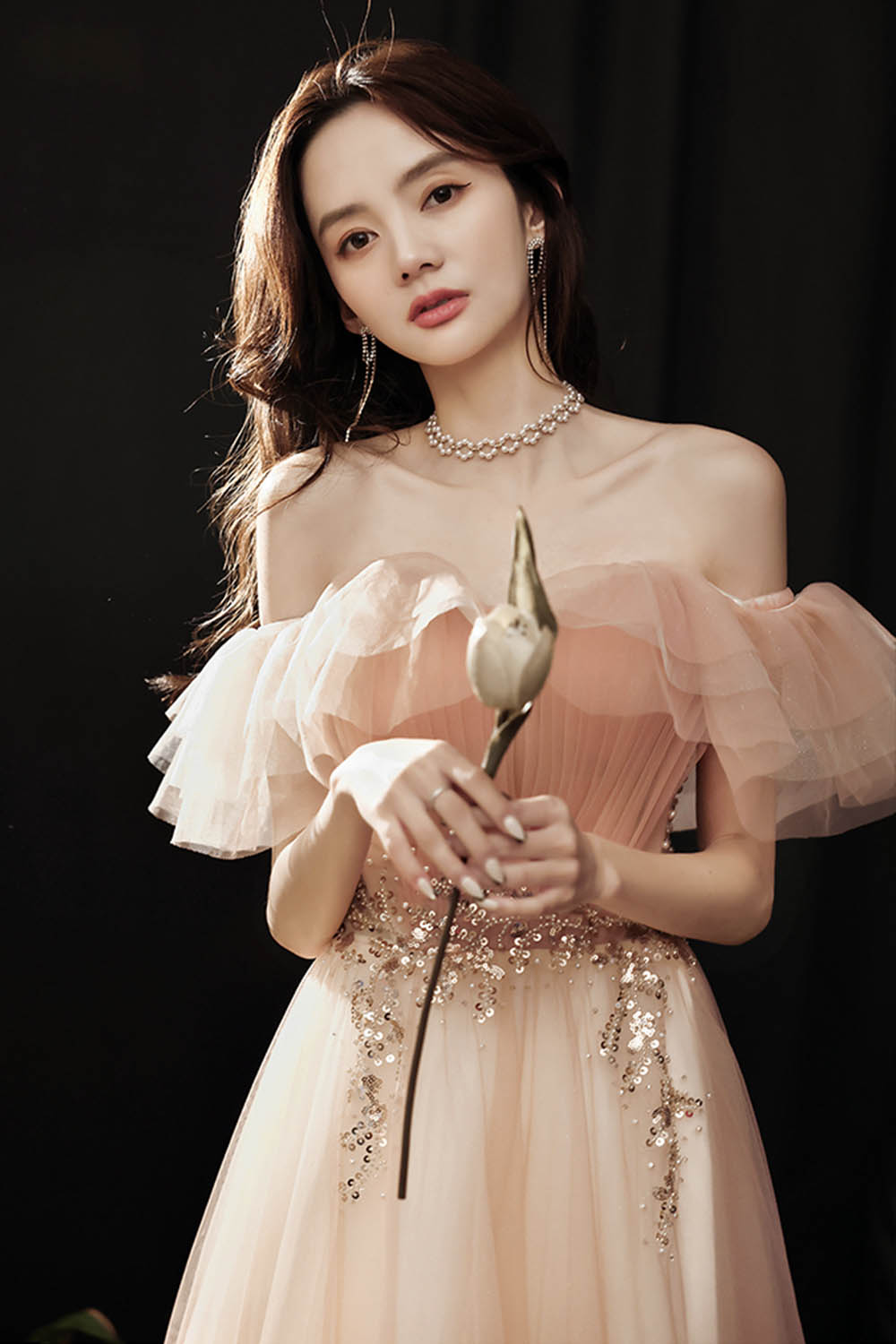 Pink tulle sequins long prom dress evening dress  8600