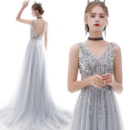 Gray v neck tulle beads long prom dress  8181