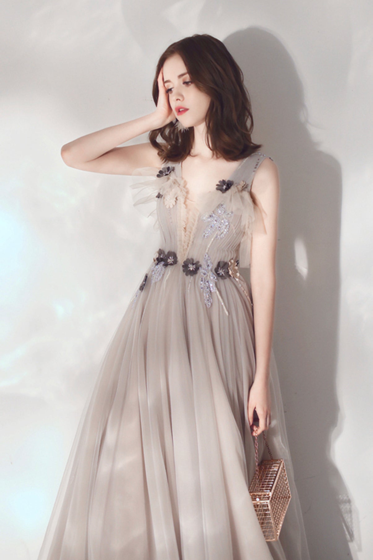 Cute v neck tulle long prom dress evening dress  8594