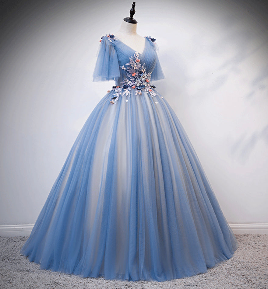 Blue v neck tulle long prom gown formal dress  8478