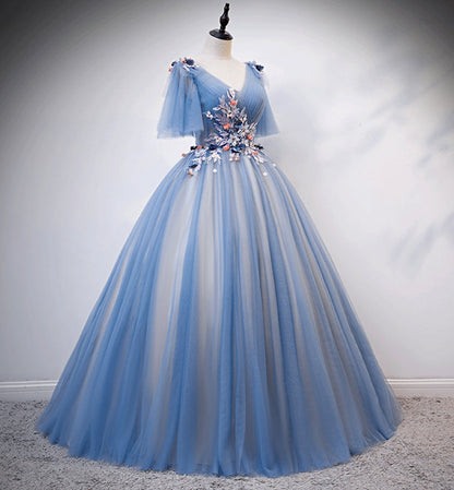 Blue v neck tulle long prom gown formal dress  8478