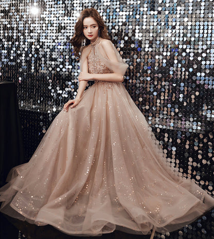 Elegant tulle beads long prom dress evening dress  8441