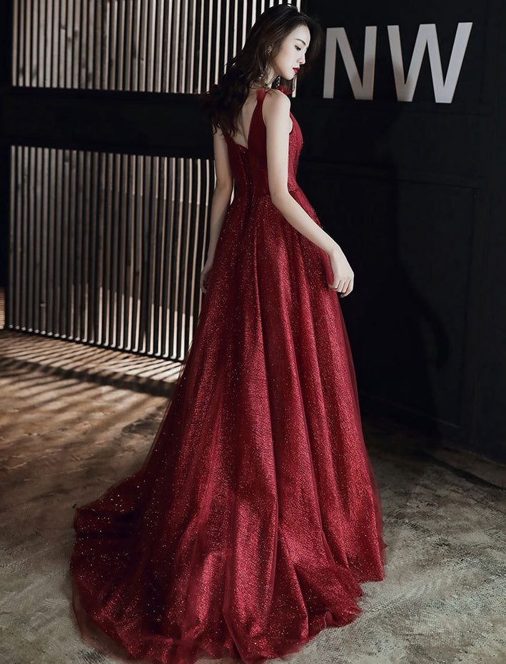 Burgundy tulle long prom dress party dress 8254