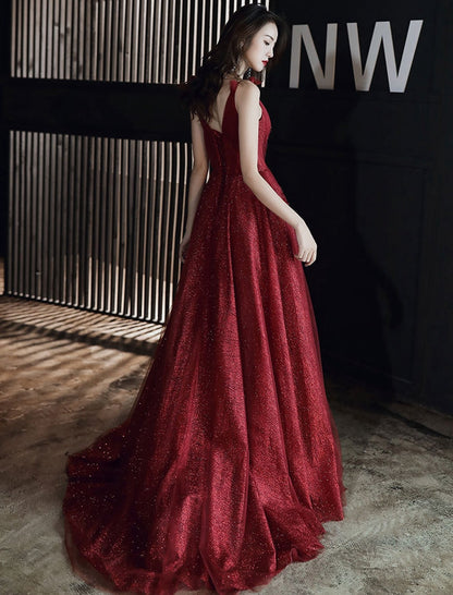 Burgundy tulle long prom dress party dress 8254