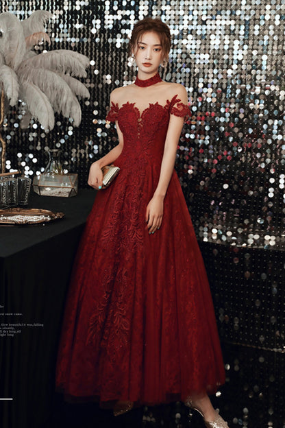Burgundy tulle beads long A line prom dress evening dress  8761