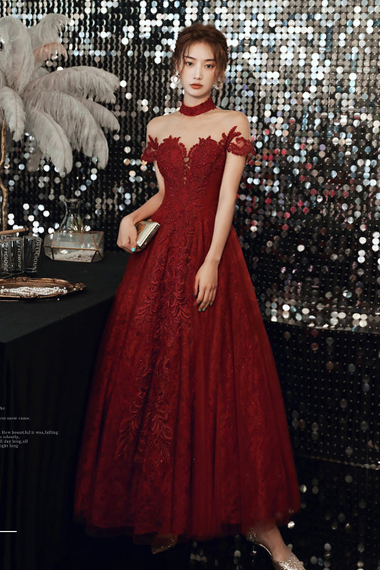 Burgundy tulle beads long A line prom dress evening dress  8761
