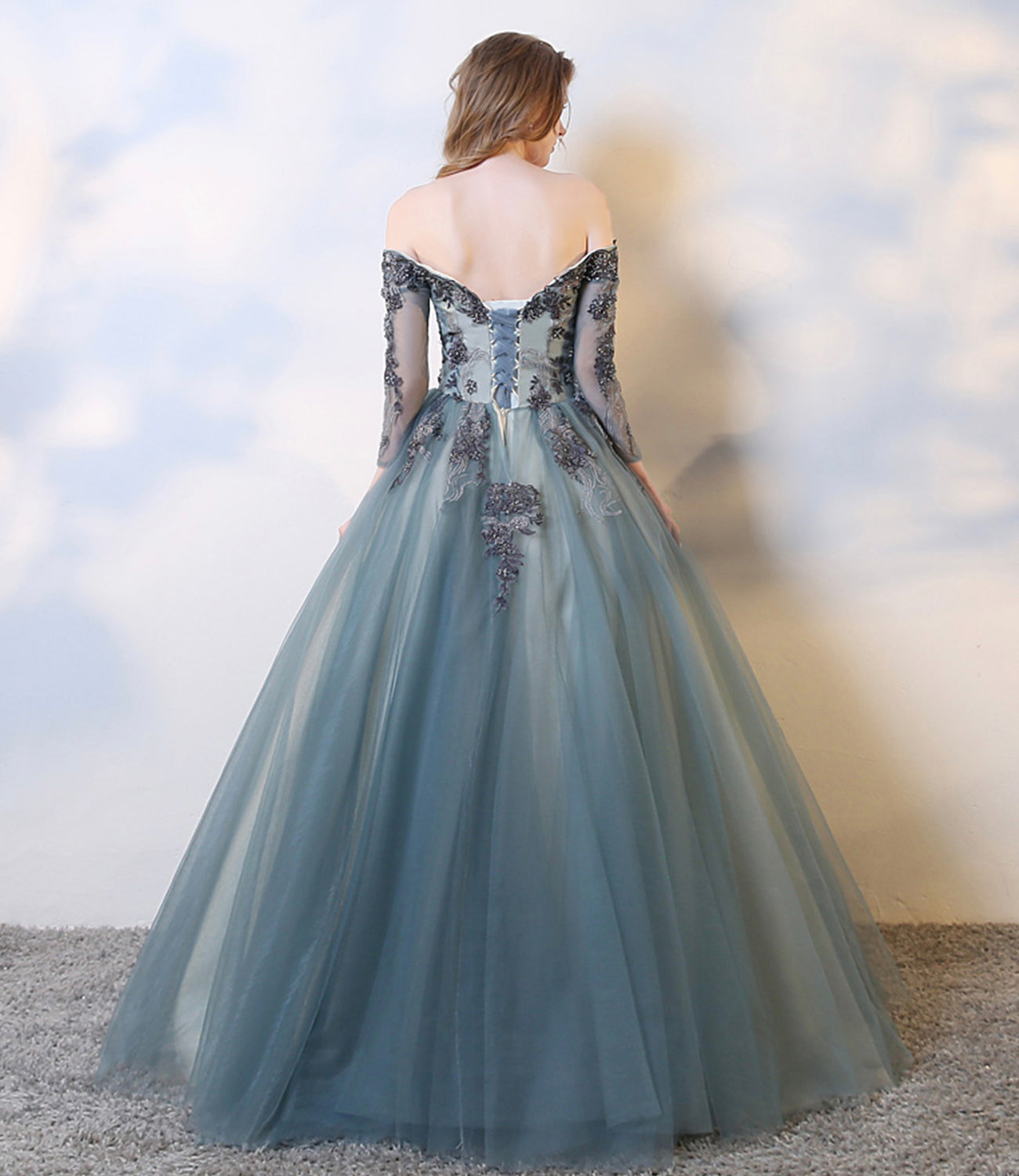 Blue lace long A line prom dress evening dress  8583