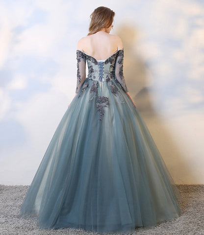 Blue lace long A line prom dress evening dress  8583