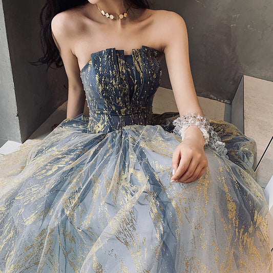 Blue tulle long ball gown dress formal dress  8487