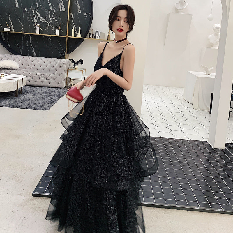 Black tulle sequins prom dress evening dress  8277