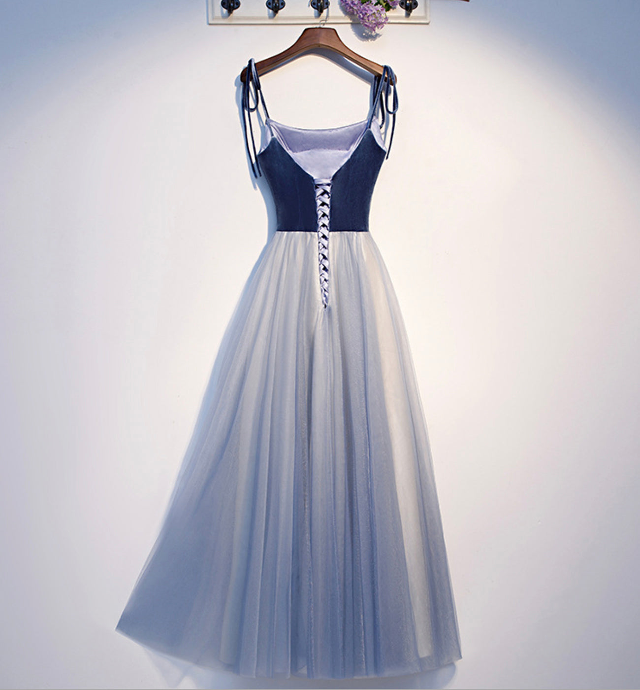 Blue velvet tulle long prom dress blue evening dress  8585