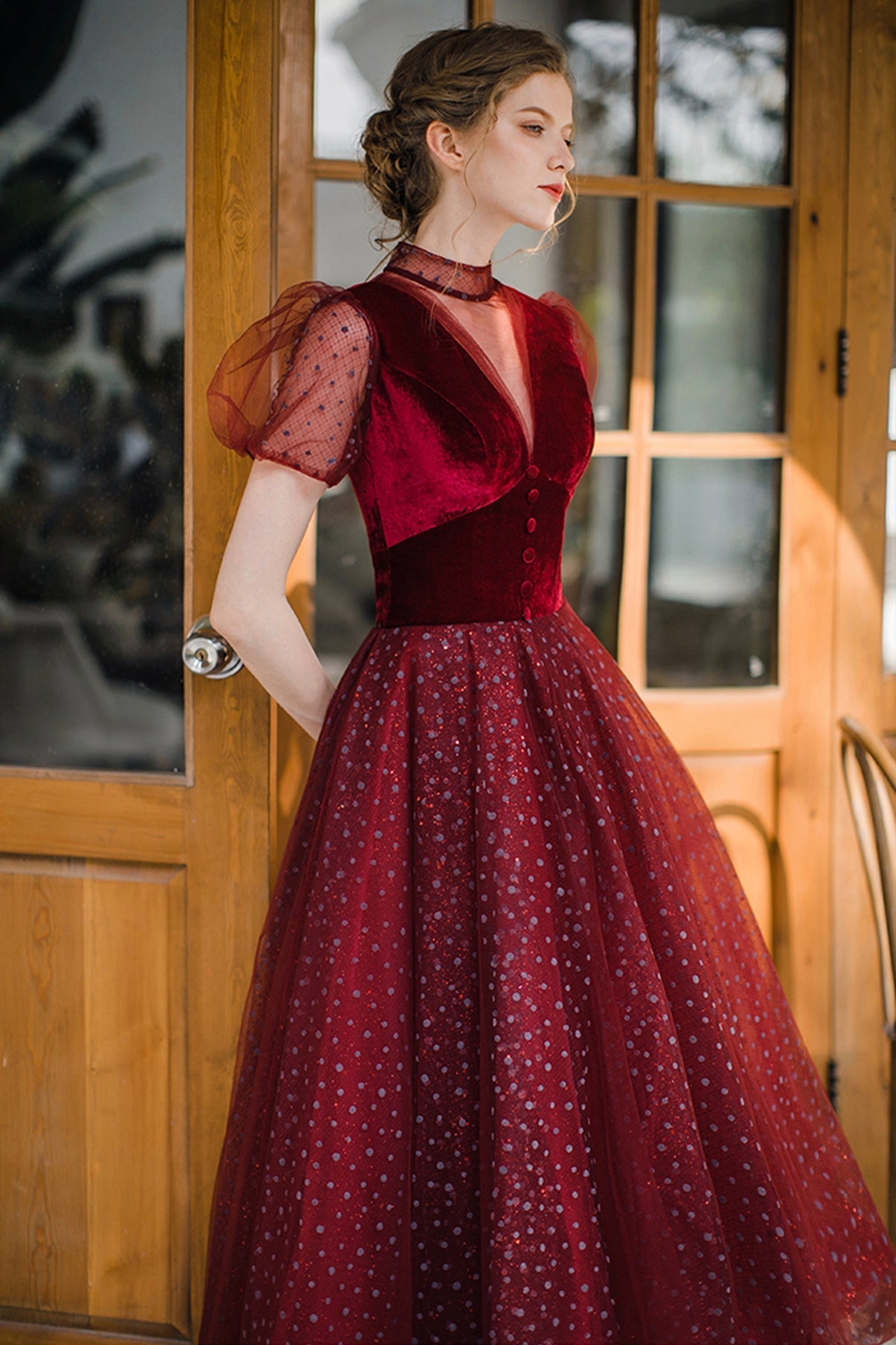 Burgundy tulle short prom dress A line evening dress  8647