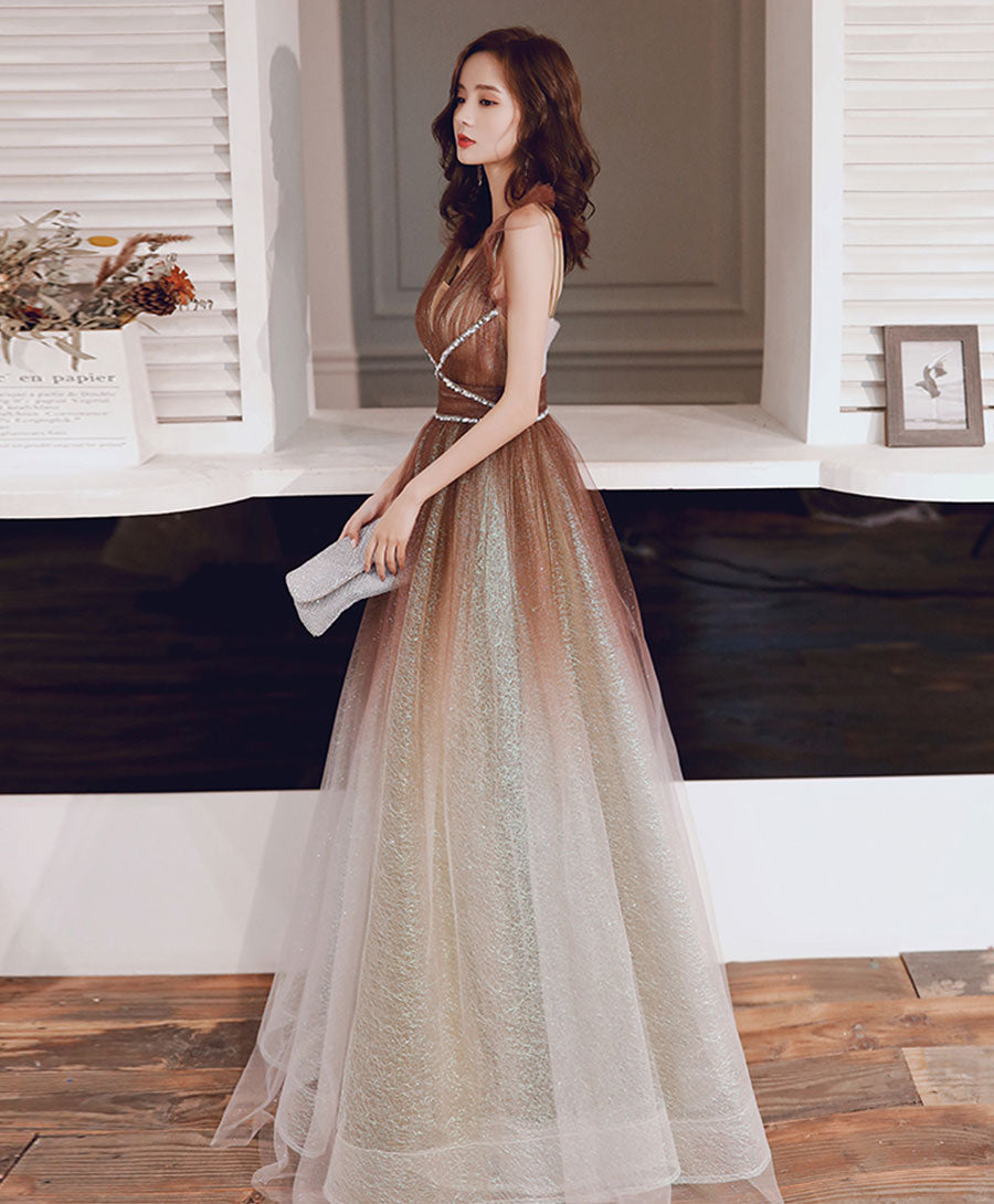 Stylish v neck tulle sequins prom dress evening dress  8234