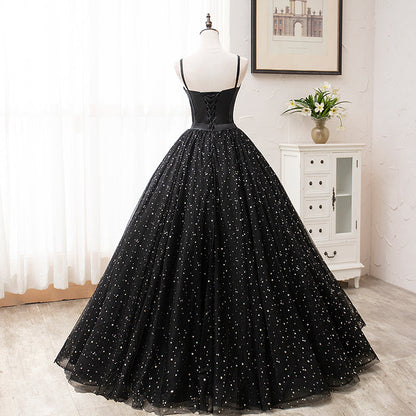 Black tulle long prom gown black evening dress  8456