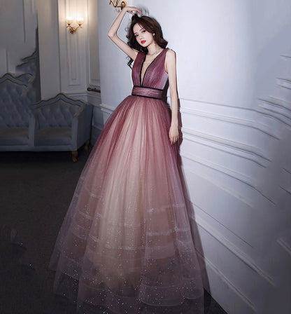 Pink v neck tulle long prom dress evening dress  8606