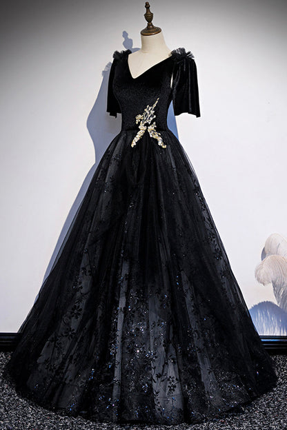 Black velvet lace long prom dress evening dress  8502