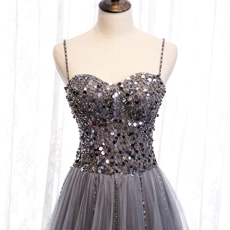 Gray tulle sequins long prom dress  8158