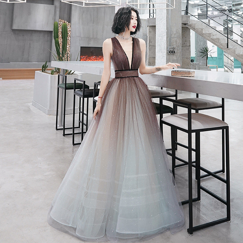 Unique v neck tulle long prom dress  8162