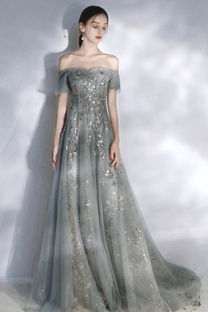 Grey sequins long A line prom dress evening dress  8575