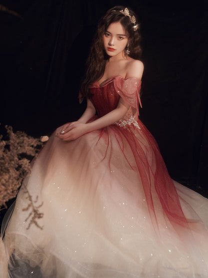 Burgundy sequins long prom dress formal dress  8353