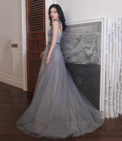 Gray tulle sequins long prom dress A line evening dress  8889