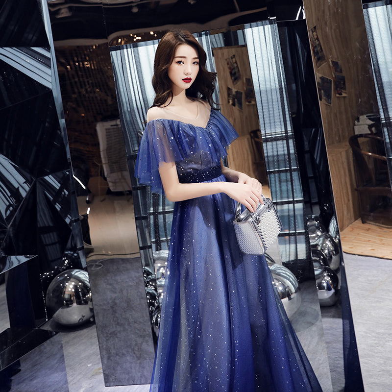 Blue tulle sequins long prom dress  8336