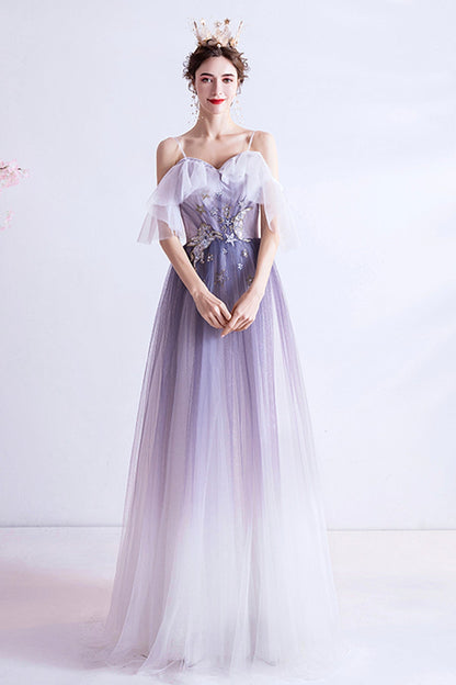 Purple tulle long A line prom dress evening dress  8769