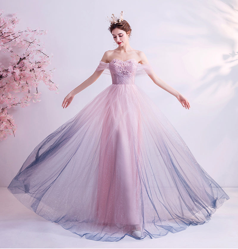 Pink tulle sequins long prom dress evening dress  8249