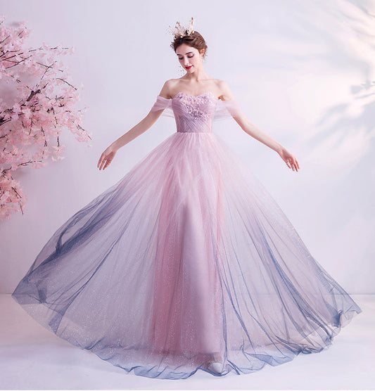 Pink tulle sequins long prom dress evening dress  8249