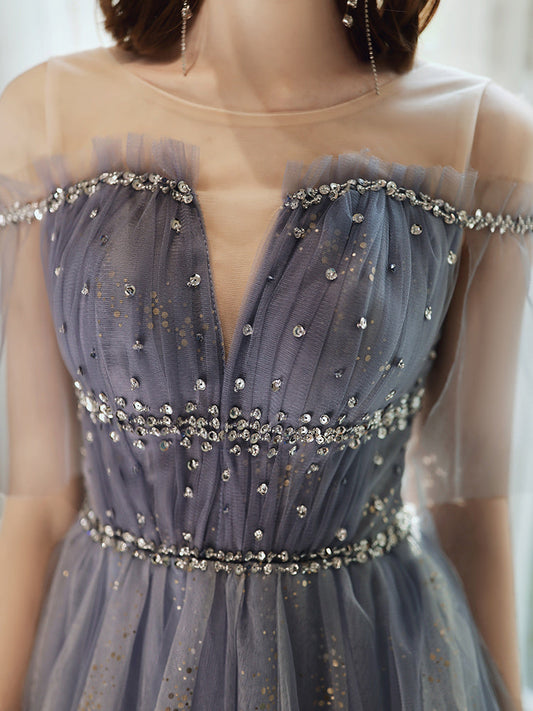 A line tulle sequins long prom dress  8341