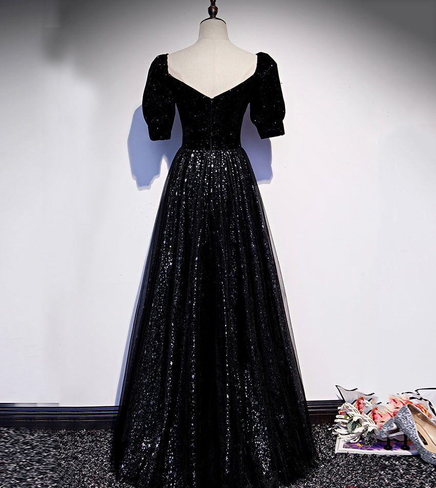 Elegant tulle sequins long prom dress black evening dress  8554
