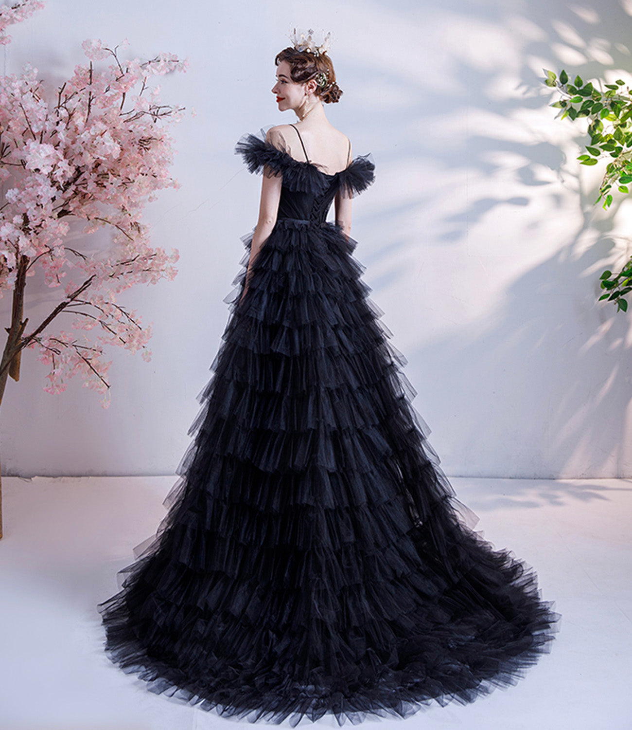 Black tulle long A line prom dress black evening dress  8924