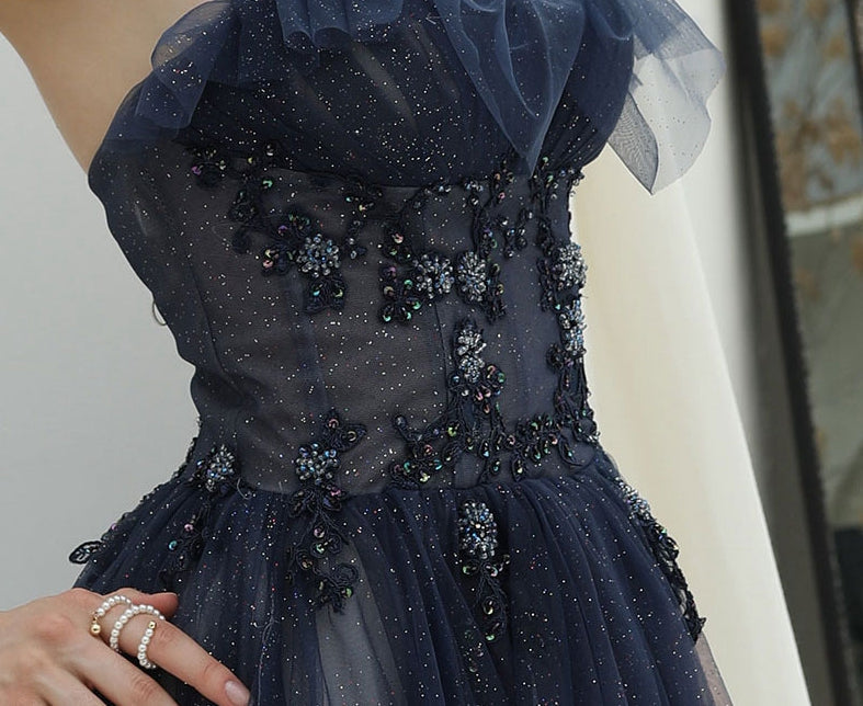 A line strapless tulle long prom dress formal dress  8224