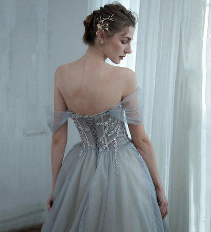 Grey tulle beads long prom dress evening dress  8498