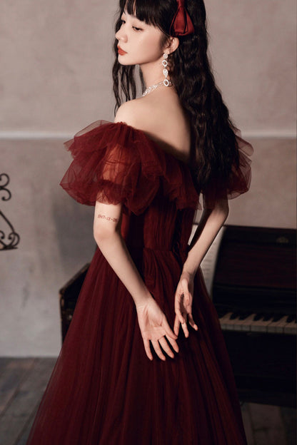 Burgundy tulle long A line prom dress evening dress  8572