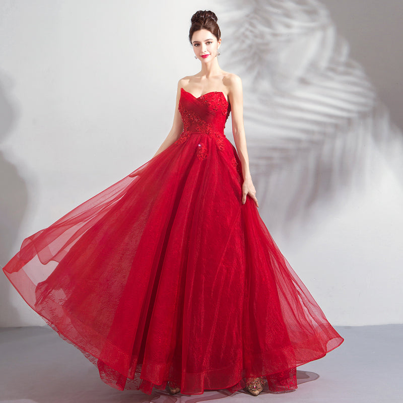 Red tulle long prom dress red evening dress  8297