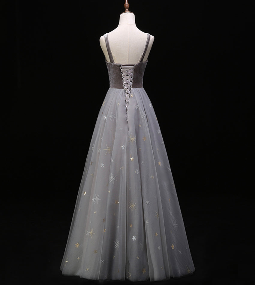 Gray velvet tulle prom dress evening dress  8390