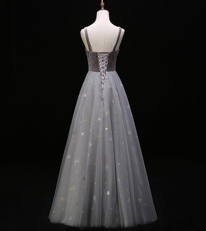 Gray velvet tulle prom dress evening dress  8390