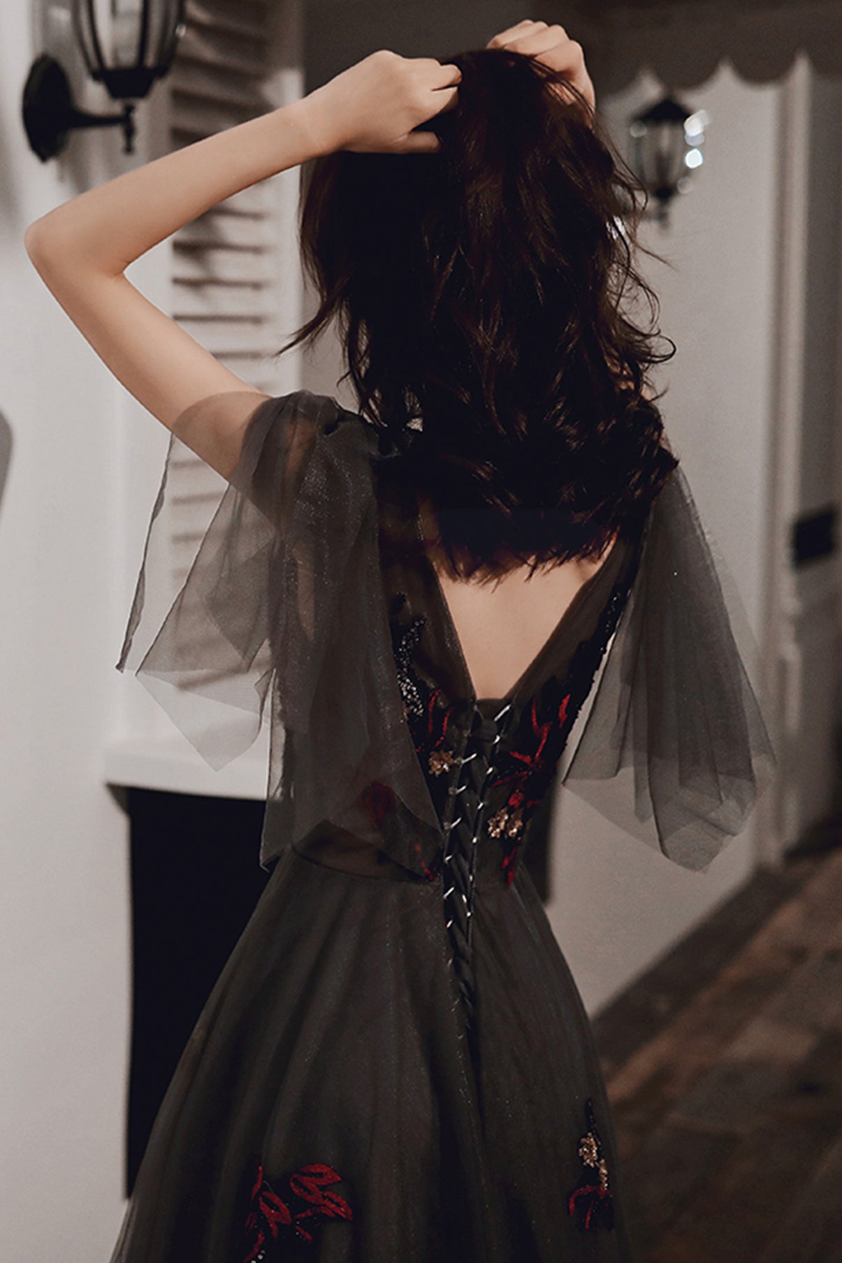 Black lace long prom dress black evening dress  8630