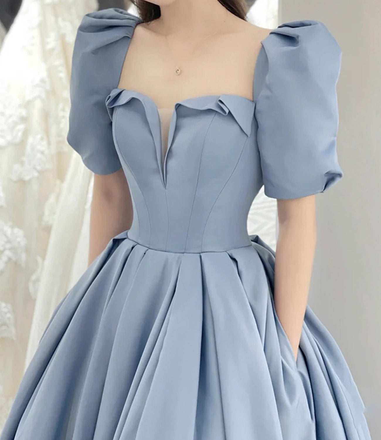 Blue Satin Elegant Short Sleeve Long A-Line Ball Gown Evening Dress 8831