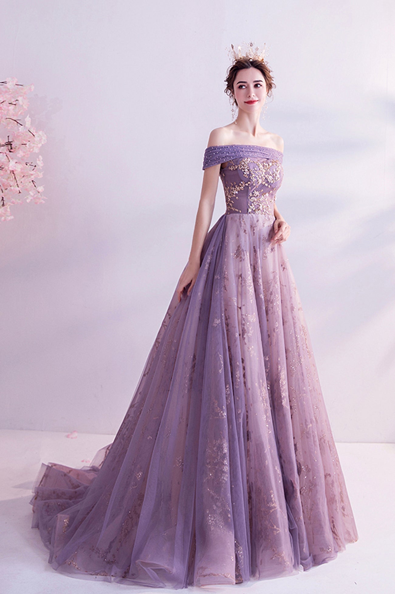 Purple tulle sequins long A line prom dress evening dress  8564