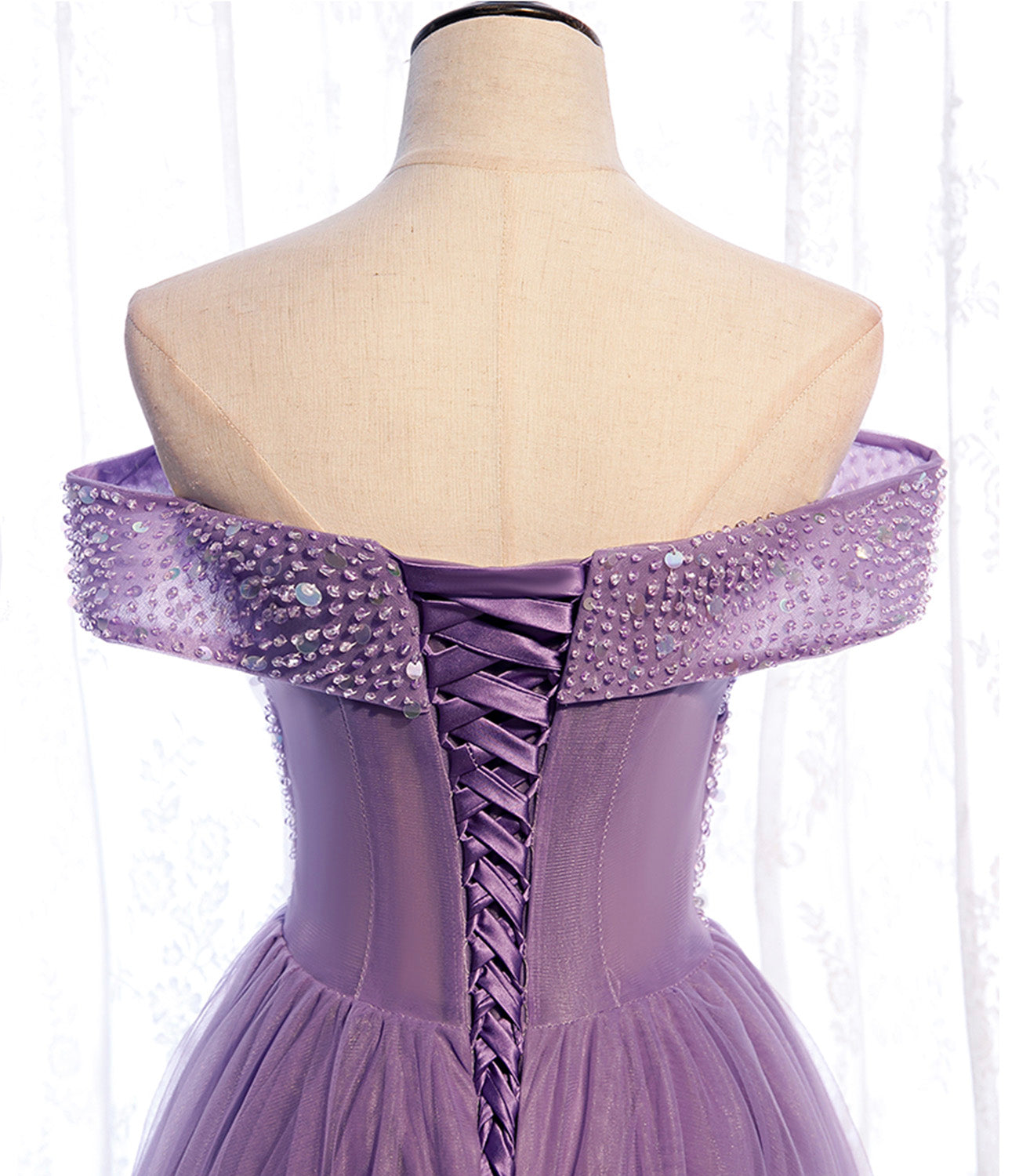 Purple tulle beads long A line prom dress evening dress  8790