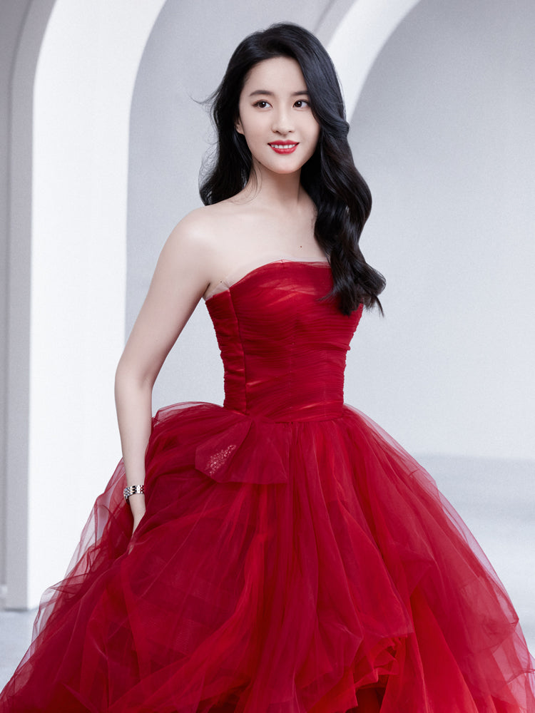 Red tulle long A line prom dress red evening dress  8902