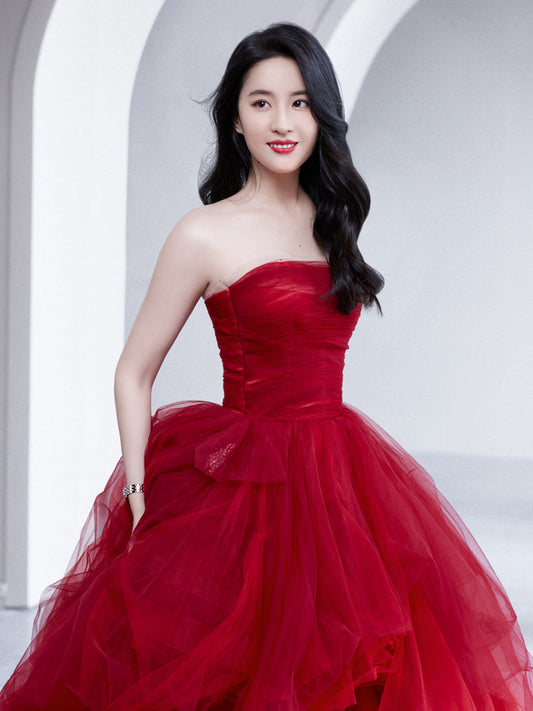Red tulle long A line prom dress red evening dress  8902