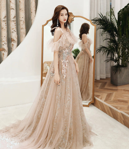 Cute tulle sequins long A line prom dress evening dress  8919